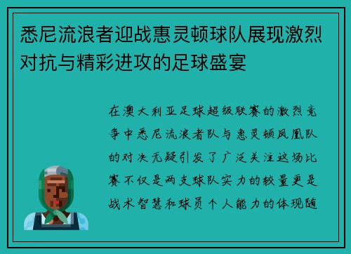 悉尼流浪者迎战惠灵顿球队展现激烈对抗与精彩进攻的足球盛宴
